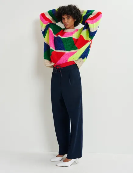 Navy blue and red double-waist pants