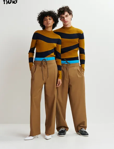 Brown and blue double-waist pants