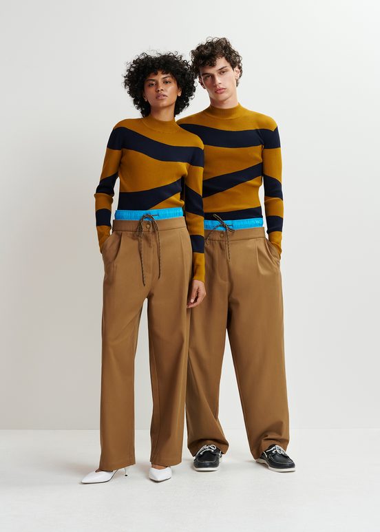 Brown and blue double-waist pants