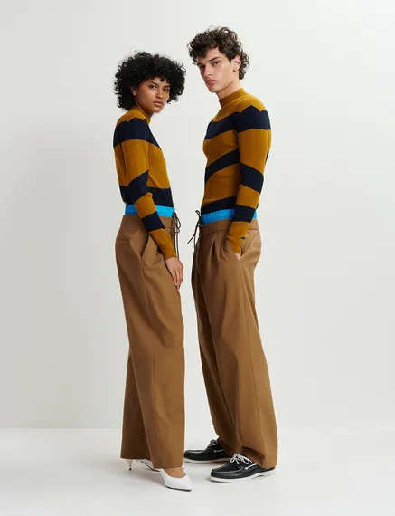 Brown and blue double-waist pants