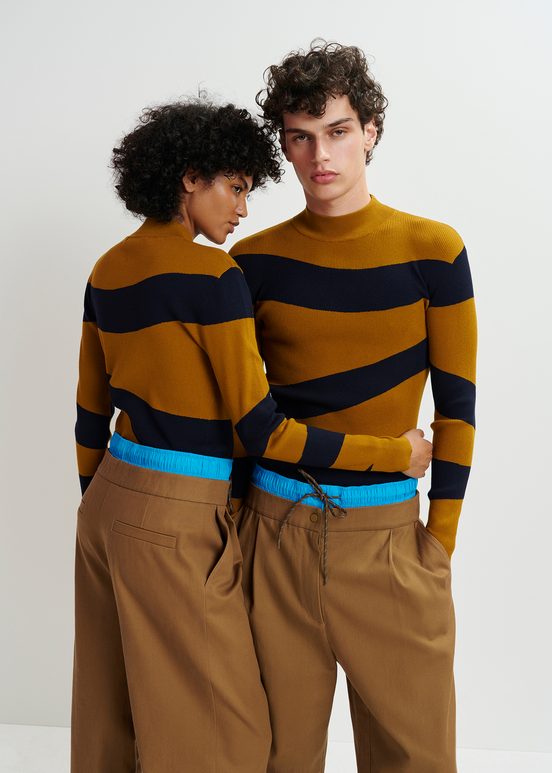 Brown and blue double-waist pants