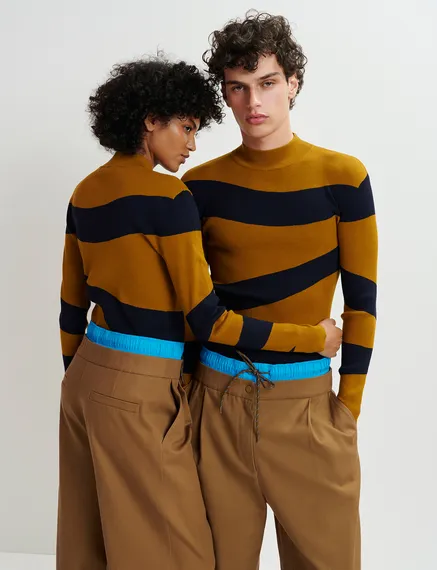 Brown and blue double-waist pants