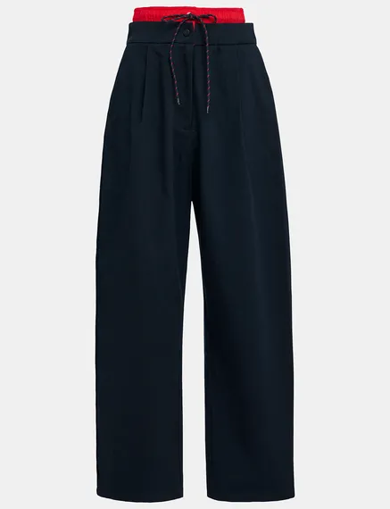 Navy blue and red double-waist pants