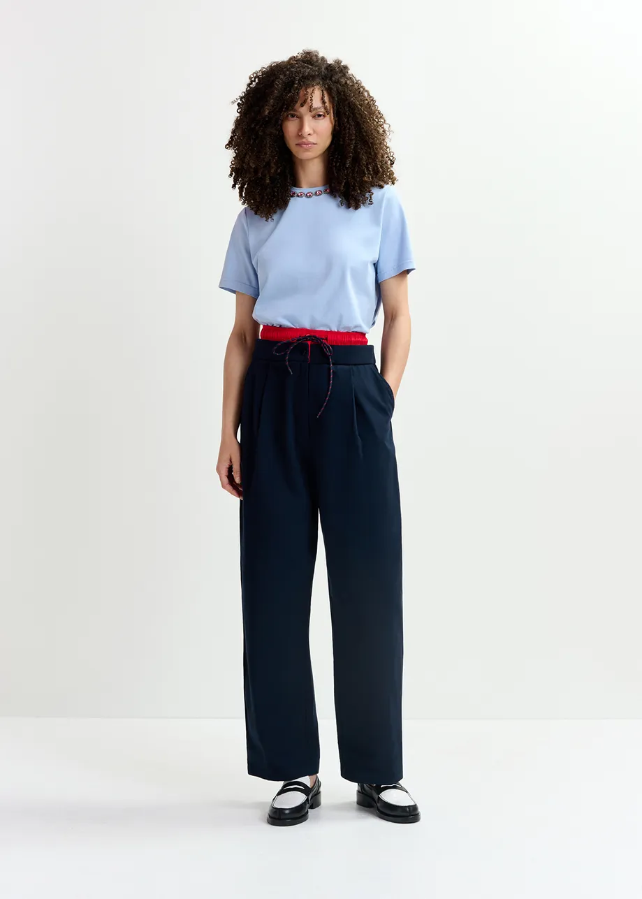 Navy blue and red double-waist pants