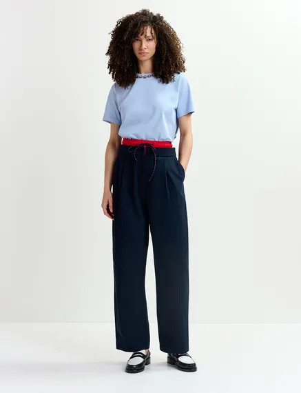 Navy blue and red double-waist pants