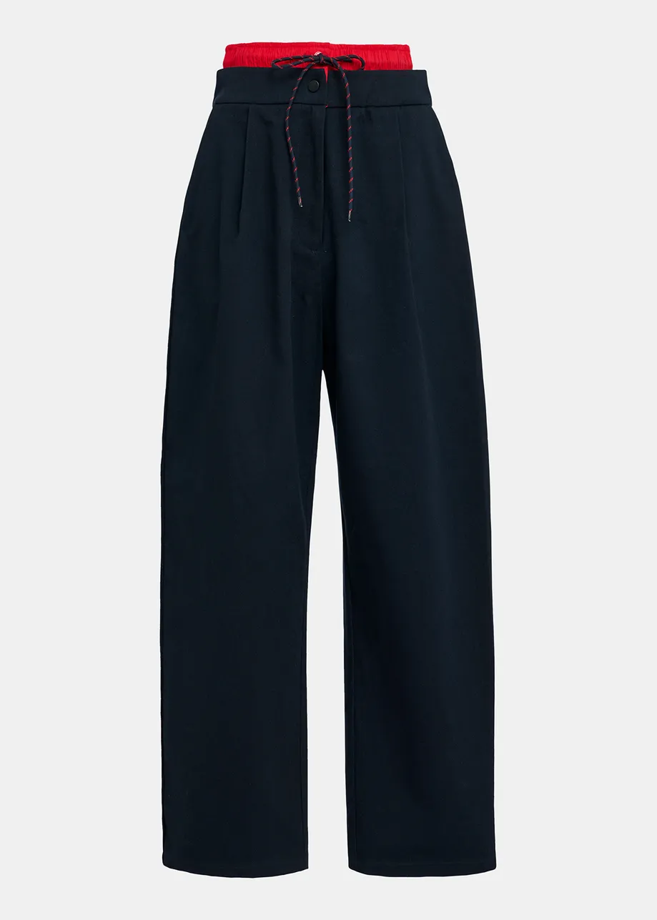 Navy blue and red double-waist pants