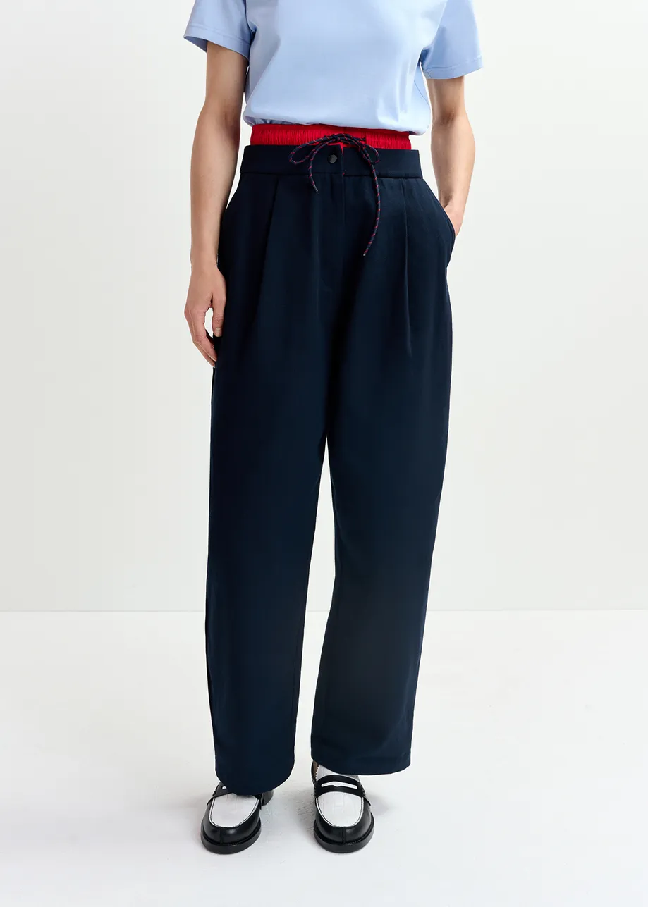 Navy blue and red double-waist pants