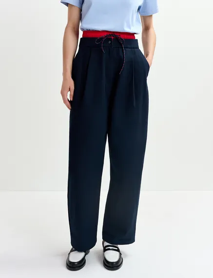 Pantalon à double taille bleu marine et rouge