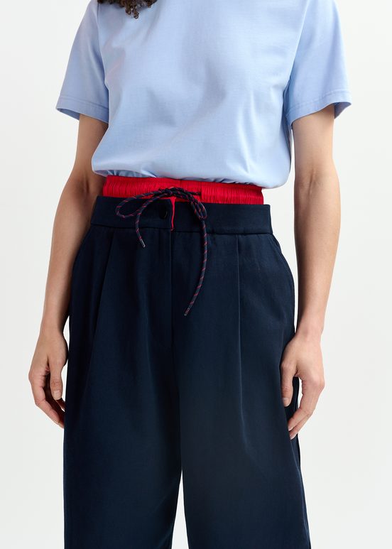 Navy blue and red double-waist pants