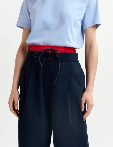 Navy blue and red double-waist pants