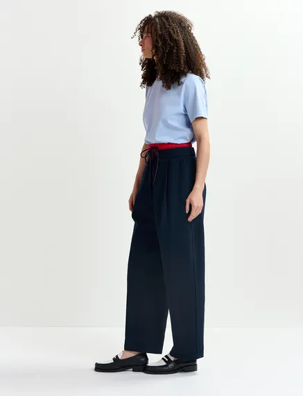 Navy blue and red double-waist pants