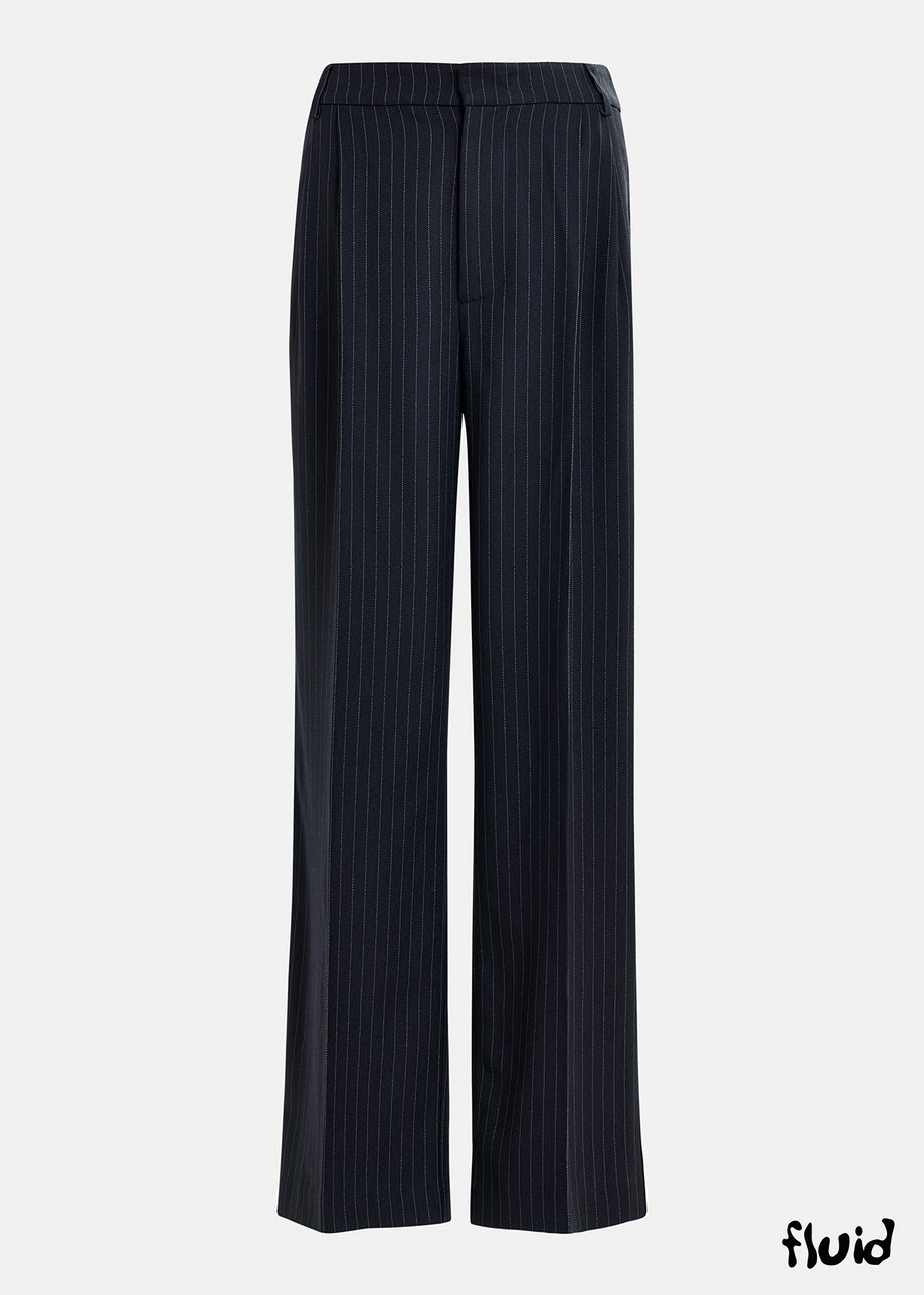 Navy blue pinstriped straight-leg pants