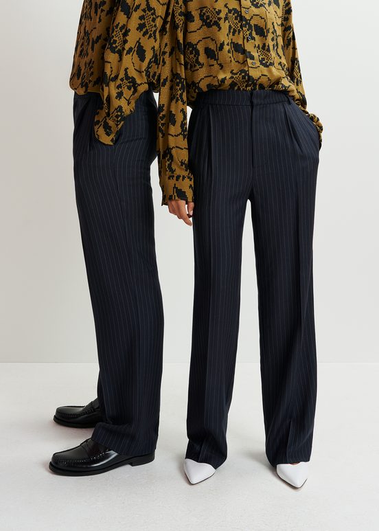 Navy blue pinstriped straight-leg pants