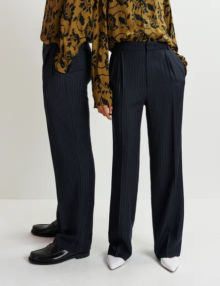 Navy blue pinstriped straight-leg pants