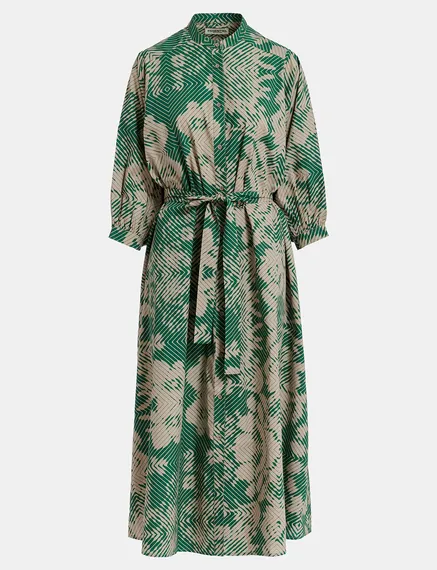 Beige and dark green maxi-length dress with geometric print