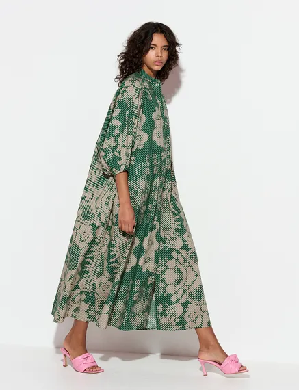 Beige and dark green maxi-length dress with geometric print