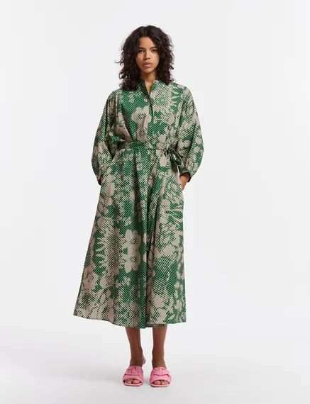 Maxivestido con estampado geométrico, beis y verde oscuro