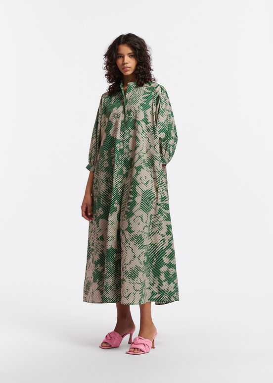 Beige and dark green maxi-length dress with geometric print