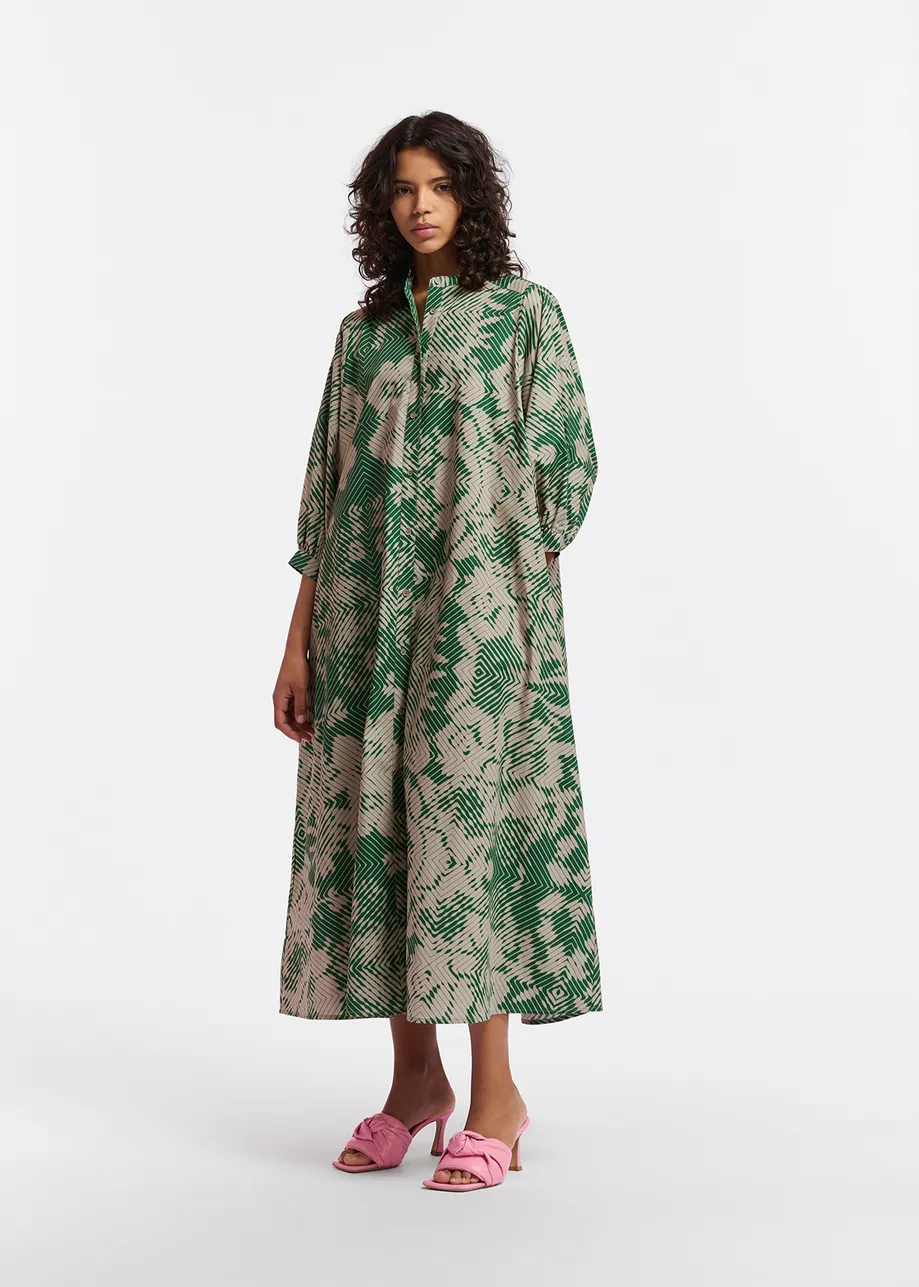 Beige and dark green maxi-length dress with geometric print