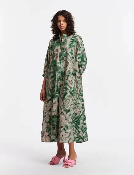 Beige and dark green maxi-length dress with geometric print