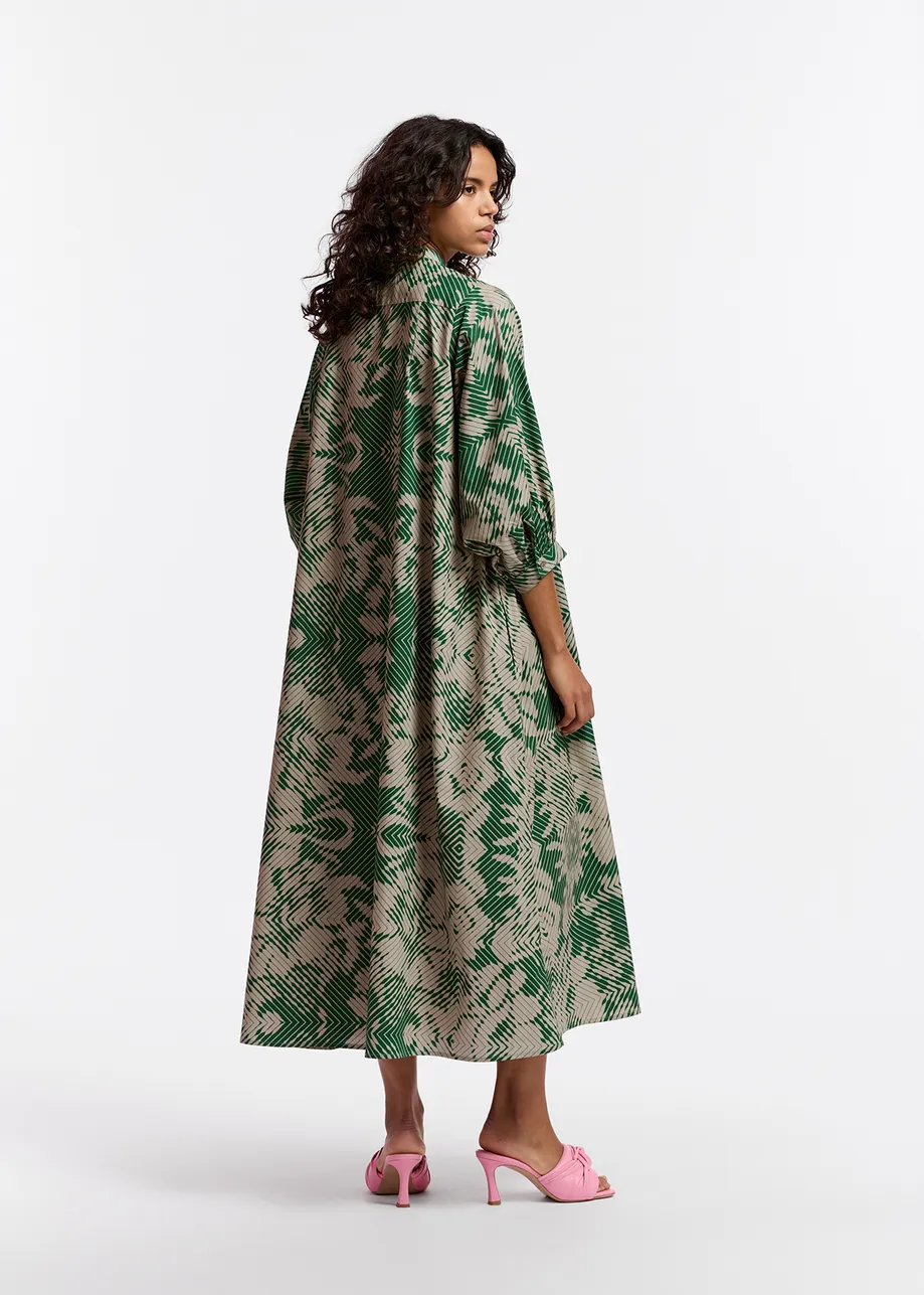 Beige and dark green maxi-length dress with geometric print