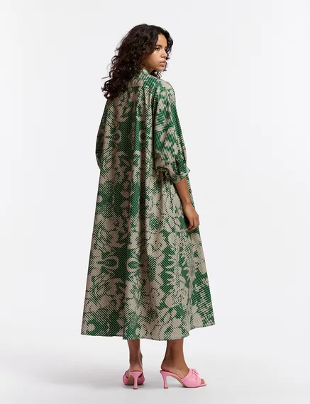 Beige and dark green maxi-length dress with geometric print