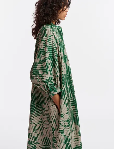 Beige and dark green maxi-length dress with geometric print