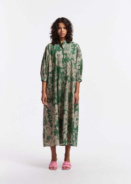 Beige and dark green maxi-length dress with geometric print