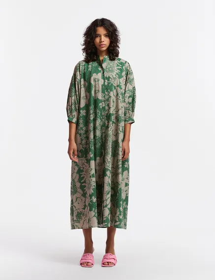 Beige and dark green maxi-length dress with geometric print