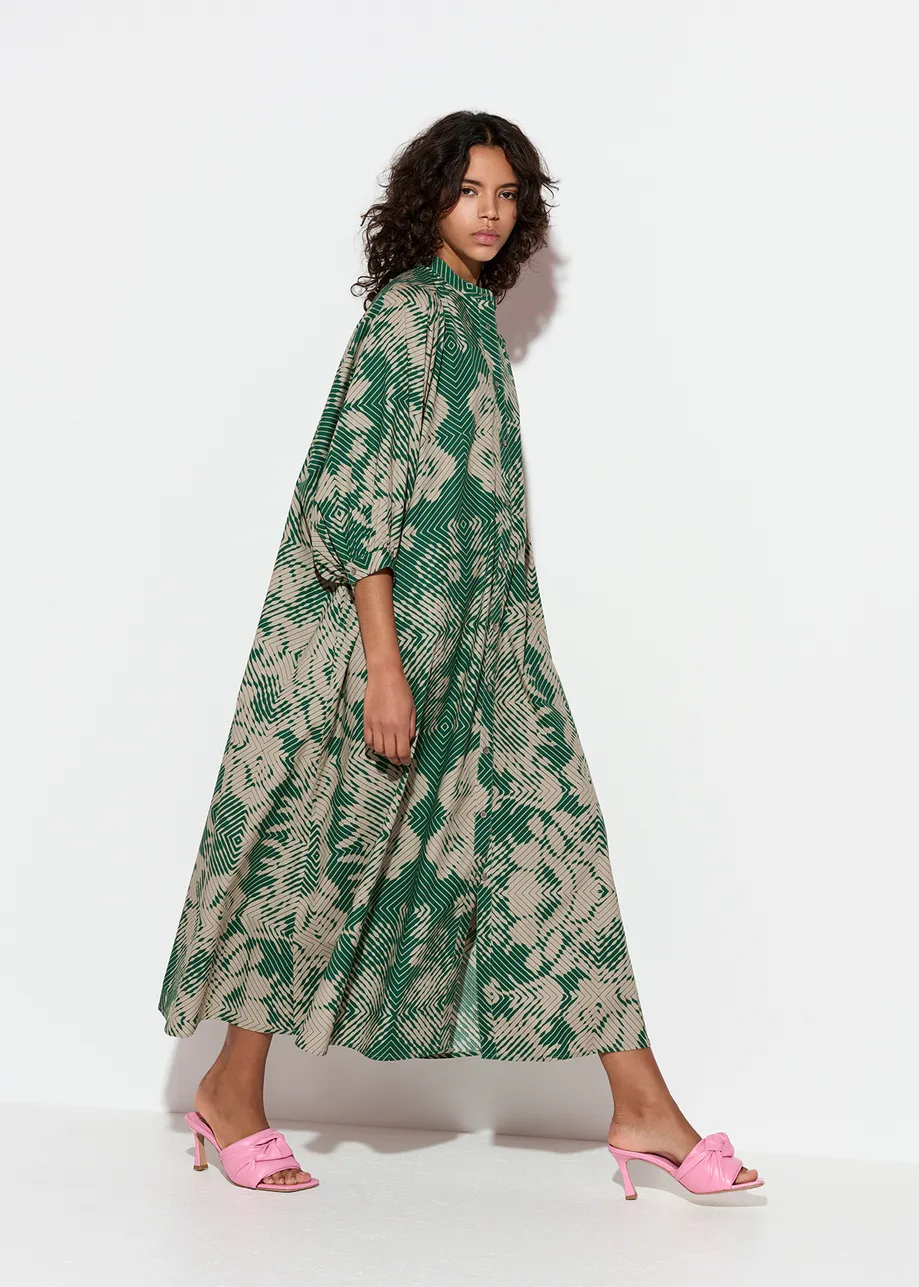 Beige and dark green maxi-length dress with geometric print