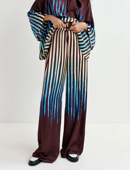 Brown, blue and ecru wide-leg pants