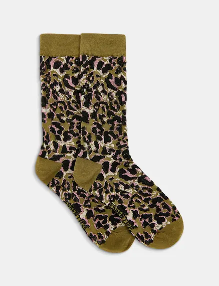 Khakifarbene Leoparden-Jacquard-Socken