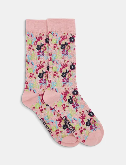 Roséfarbene, geblümte Jacquard-Socken