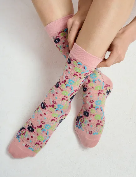 Calcetines de jacquard floral, rosa vintage