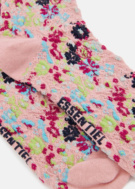 Roséfarbene, geblümte Jacquard-Socken