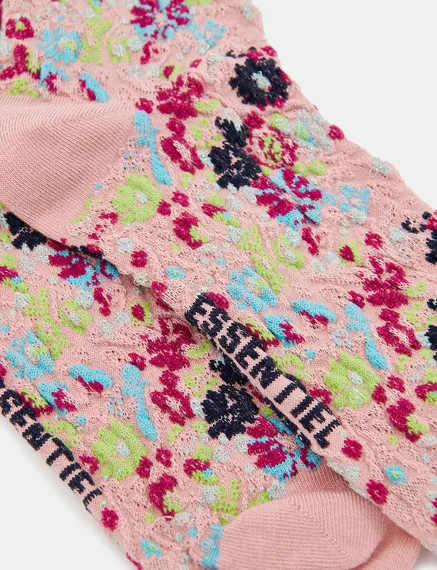 Roséfarbene, geblümte Jacquard-Socken