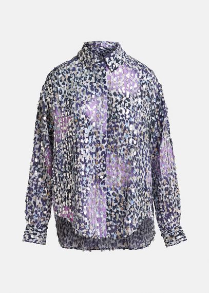 Camicia leopardata bianco sporco, lilla e viola con paillettes