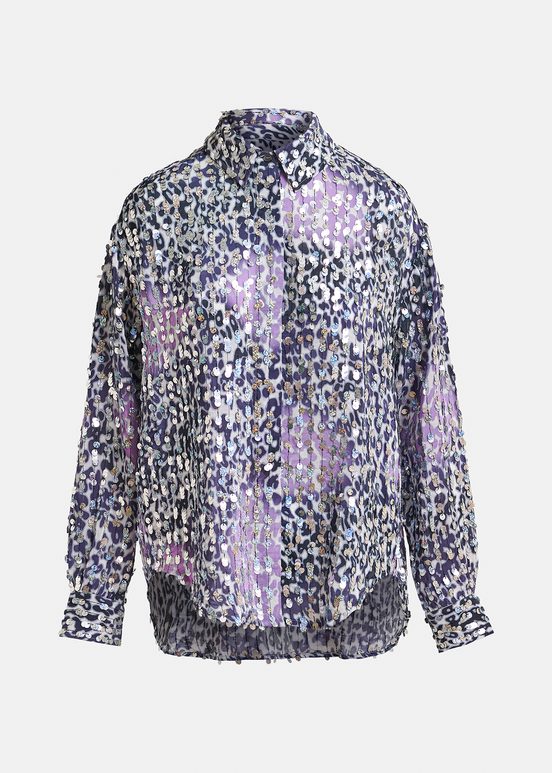 Chemise léopard blanc cassé, lilas et violette à paillettes