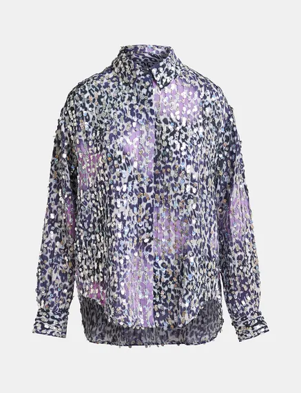 Off-white, lilac and purple leopard-print shirt with sequins