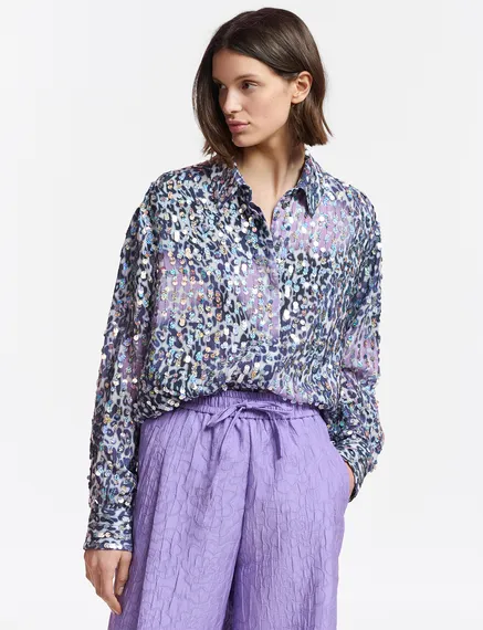 Off-white, lilac and purple leopard-print shirt with sequins