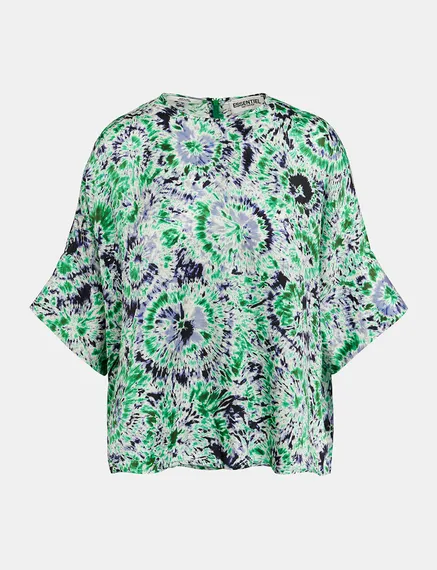 Green and navy blue tie-dye printed oversized top