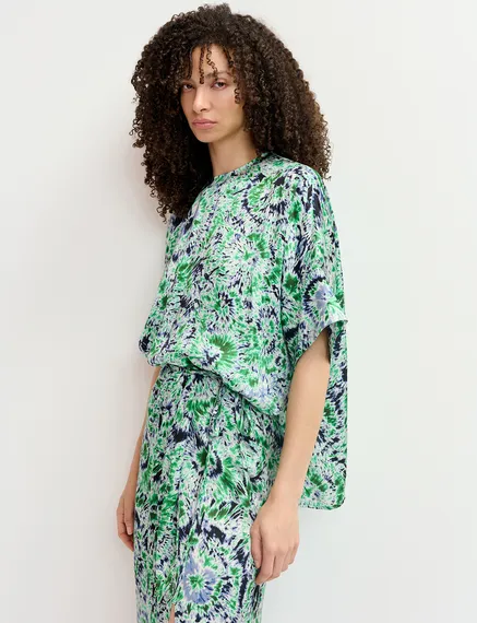 Groene en marineblauwe oversized top met tie-dye-print