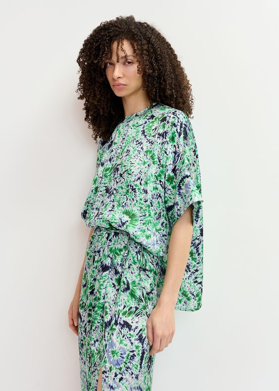 Green and navy blue tie-dye printed oversized top