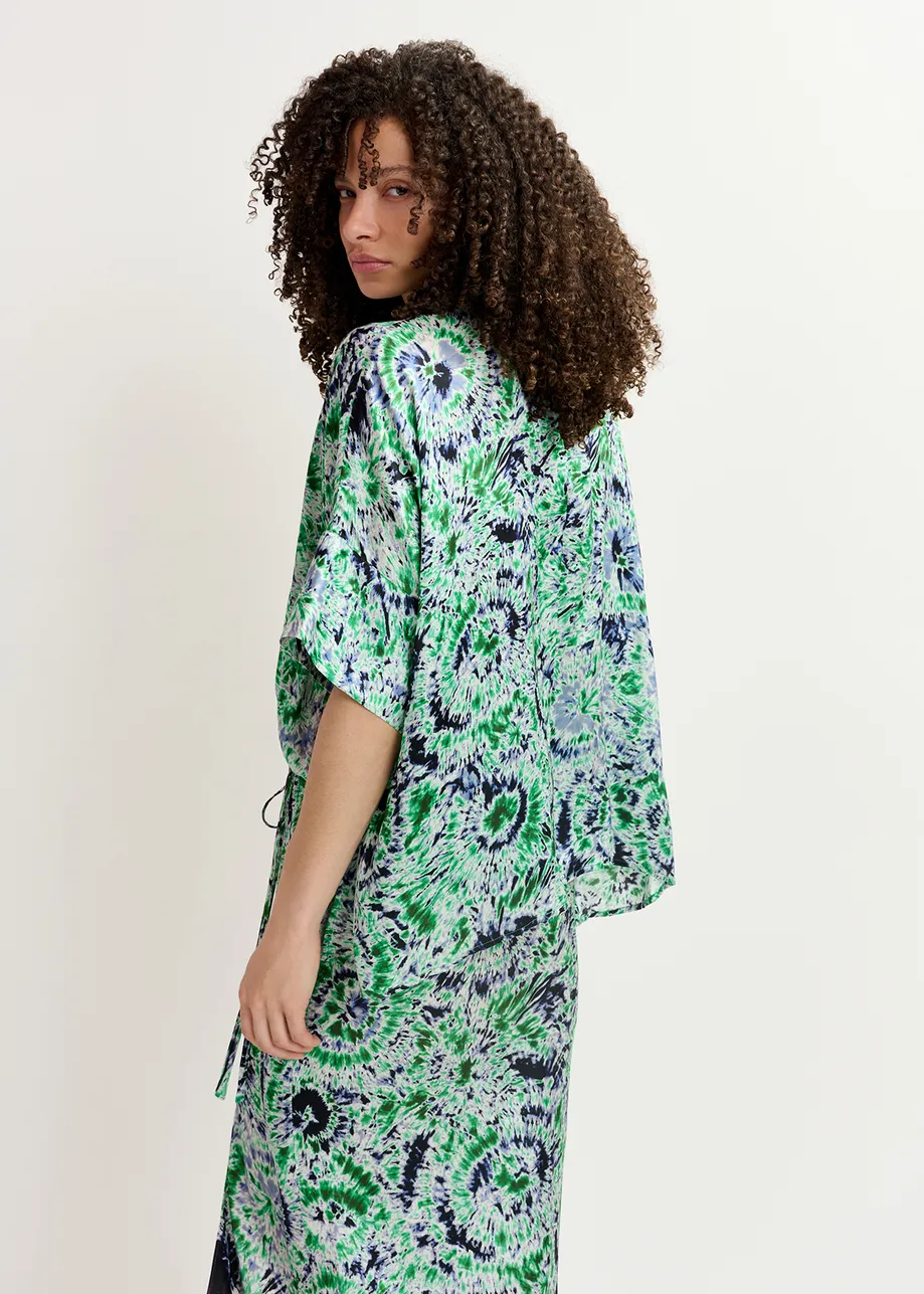 Green and navy blue tie-dye printed oversized top