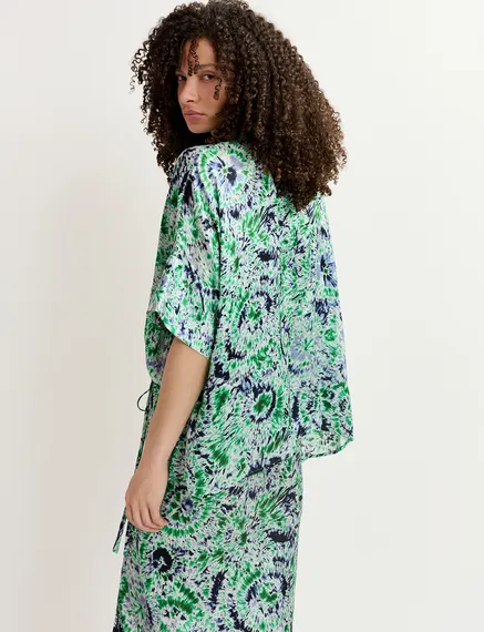 Green and navy blue tie-dye printed oversized top