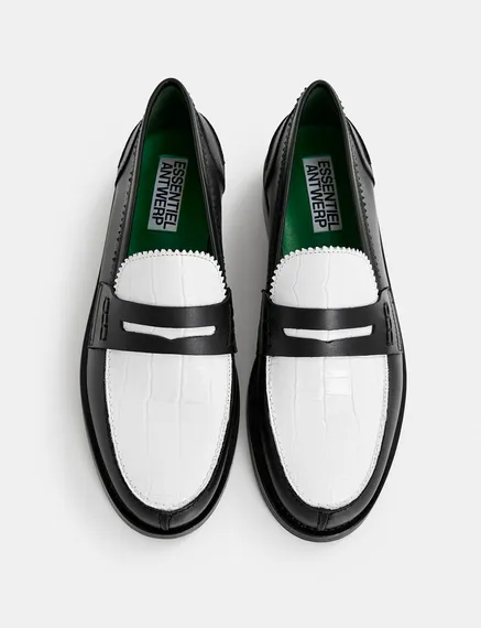 Black and white leather loafers