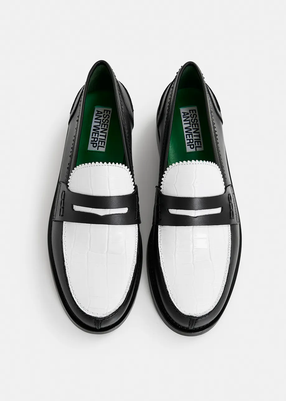 Black and white leather loafers