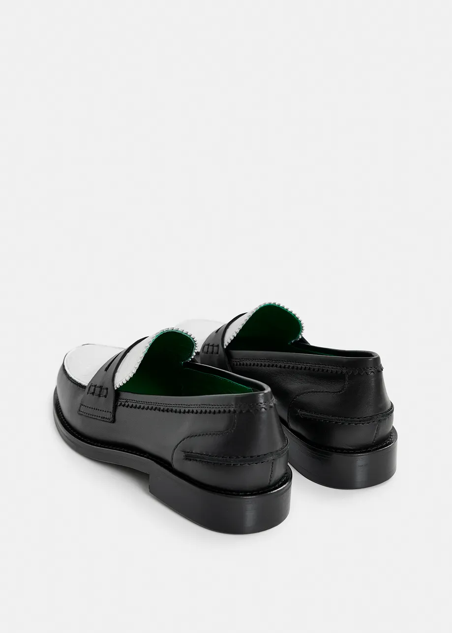 Black and white leather loafers