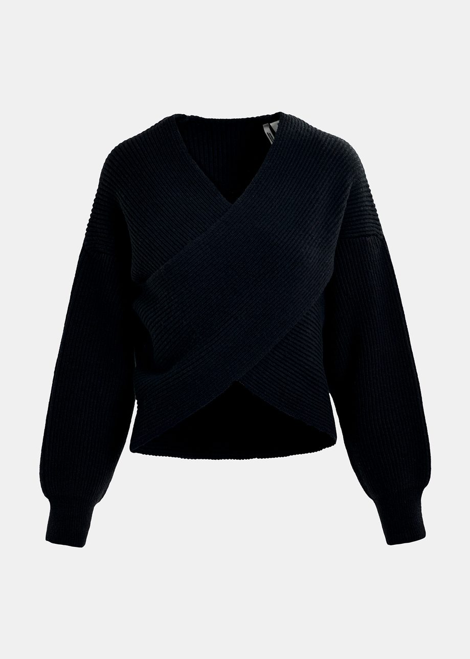 Black crossover knit sweater