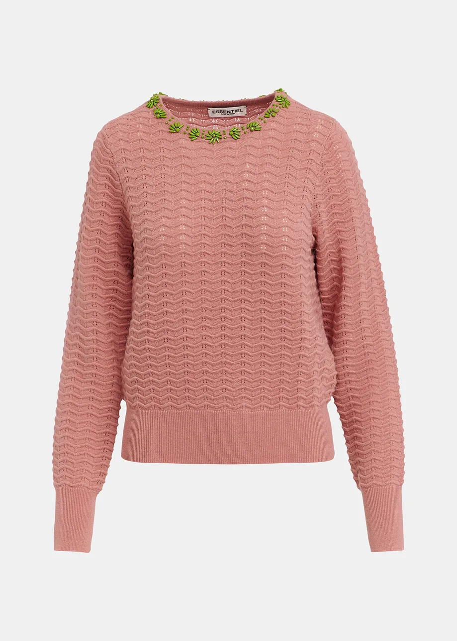 Vintage pink knit sweater with embellished neckline